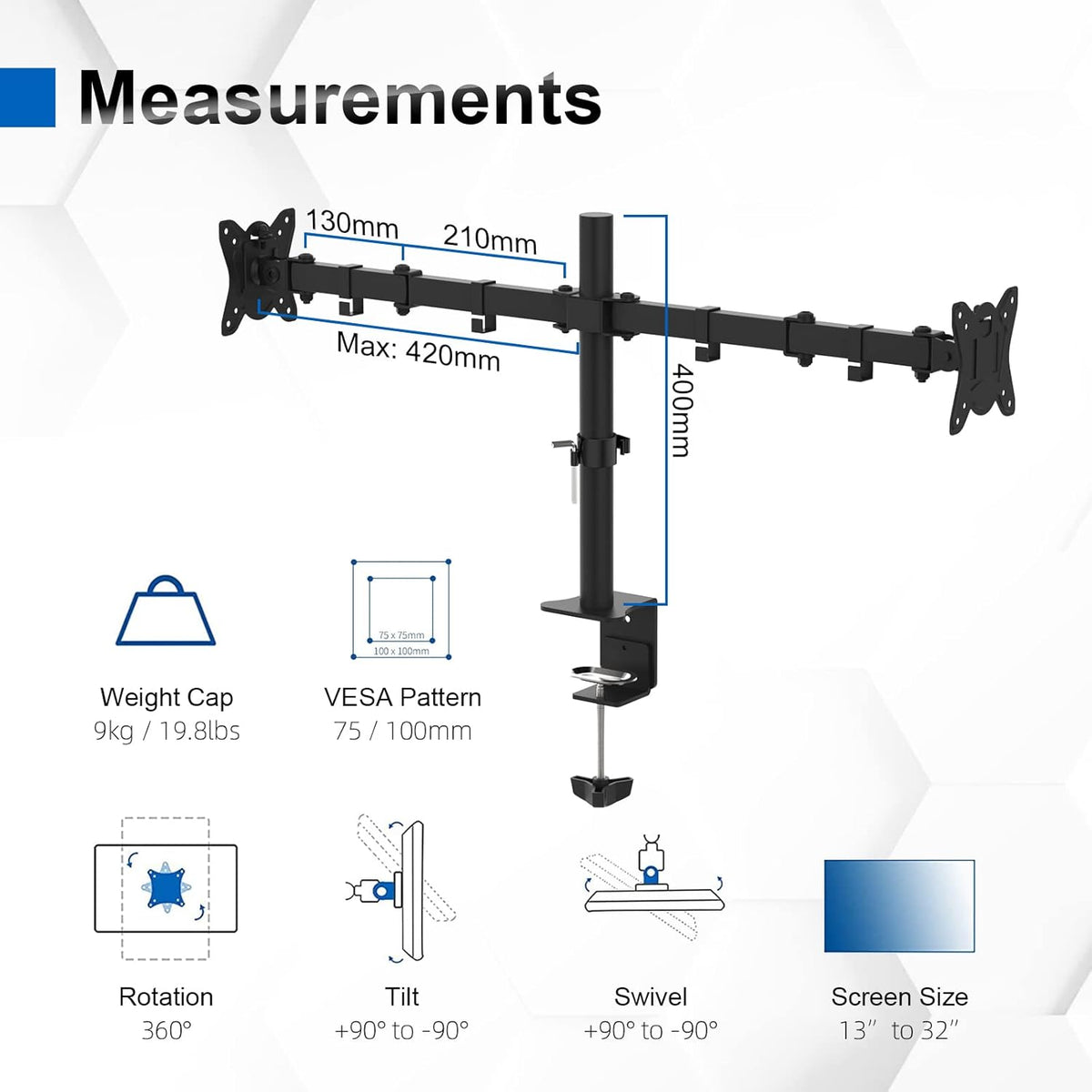 Support Bras Mécanique - Noir - 2 Moniteurs - 17" - 32" image 2