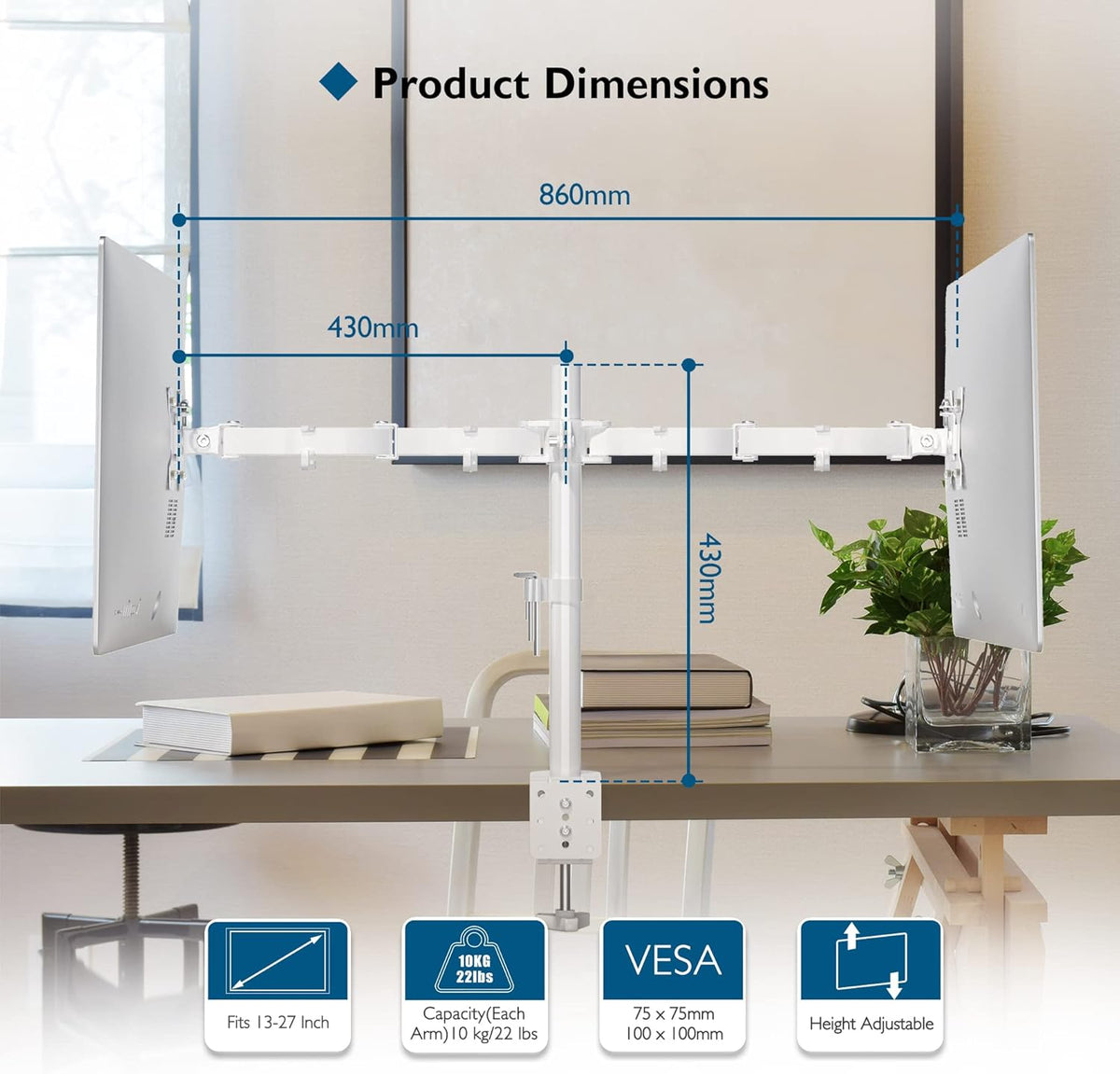 Support Bras Mécanique - Blanc - 2 Moniteurs - 17" - 32" image 2