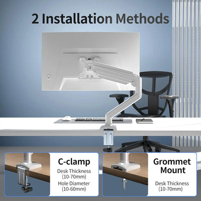 Bras mécanique blanc pour 1 moniteur 17-32 pouces, fixation C-clamp ou grommet