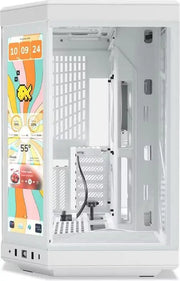 HYTE Y70 Touch Infinite Snow White avec panneau latéral transparent pixel art affichant météo et heure