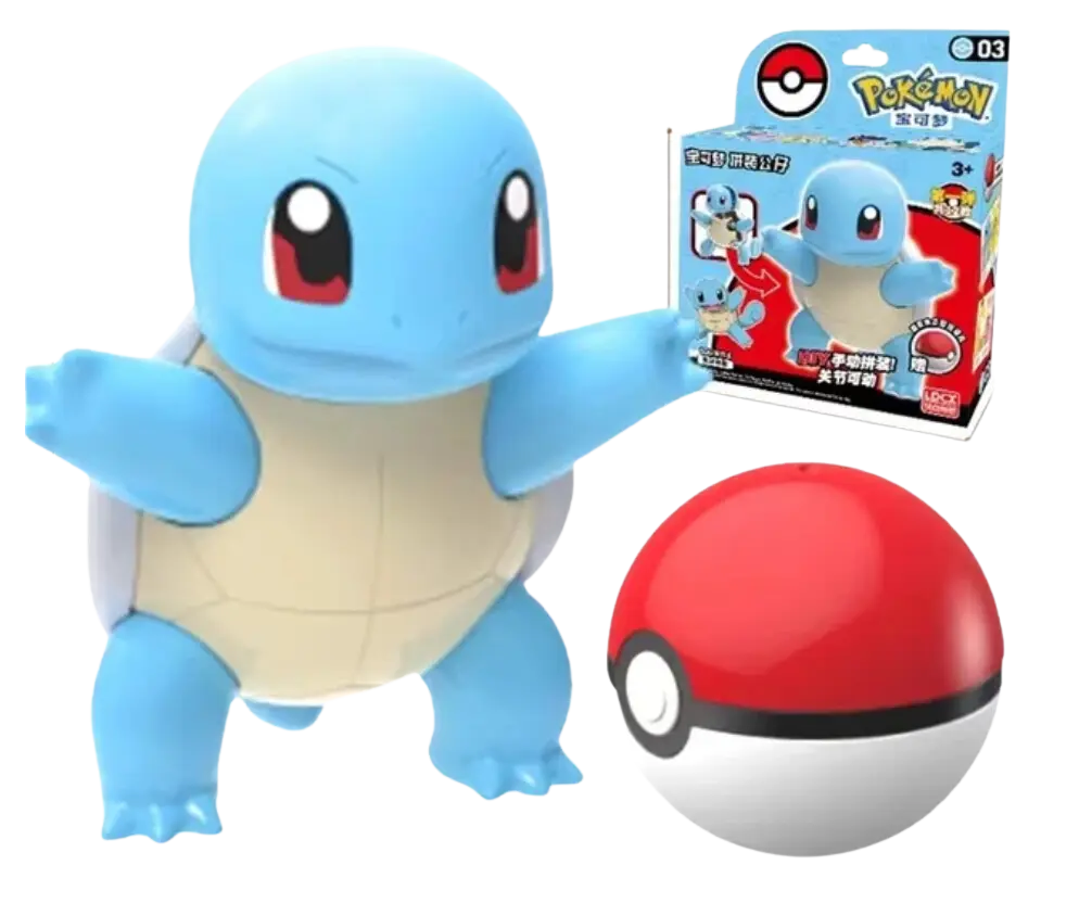 Figurine Pokémon Carapuce bleu et beige avec yeux rouges et Poké Ball