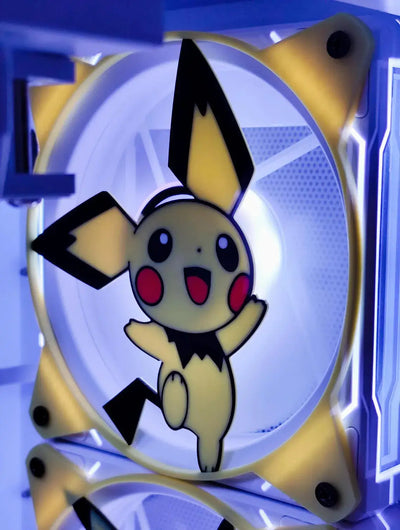 Autocollant Pichu jaune et noir sur ventilateur PC doré 120mm Pokemon Pikachu