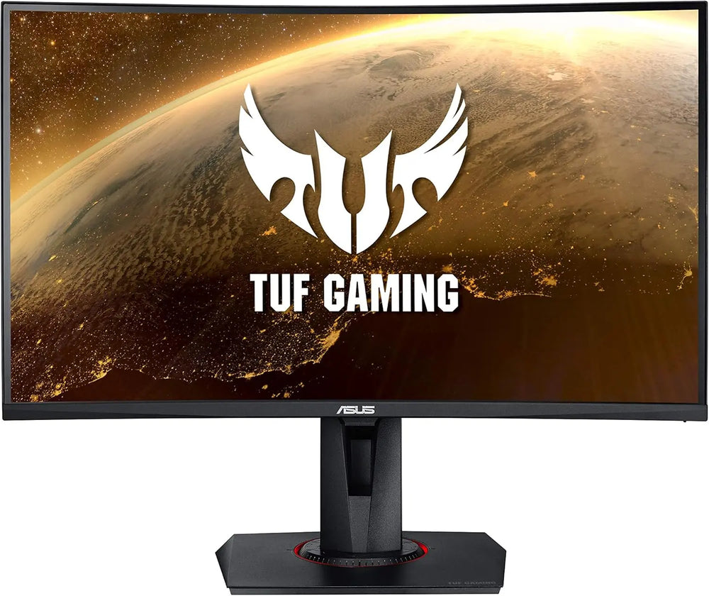 Moniteur incurvé ASUS TUF Gaming 27’’ FHD 165 Hz affichant planète dorée et logo TUF