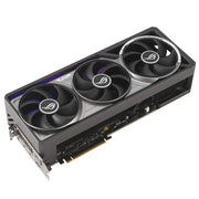 Carte graphique ASUS ROG ASTRAL GeForce RTX 5080 OC noire avec 3 ventilateurs et LED violettes