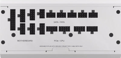 Arrière du Corsair RMx Shift 1200W blanc avec connecteurs SATA PATA PCIe CPU noirs