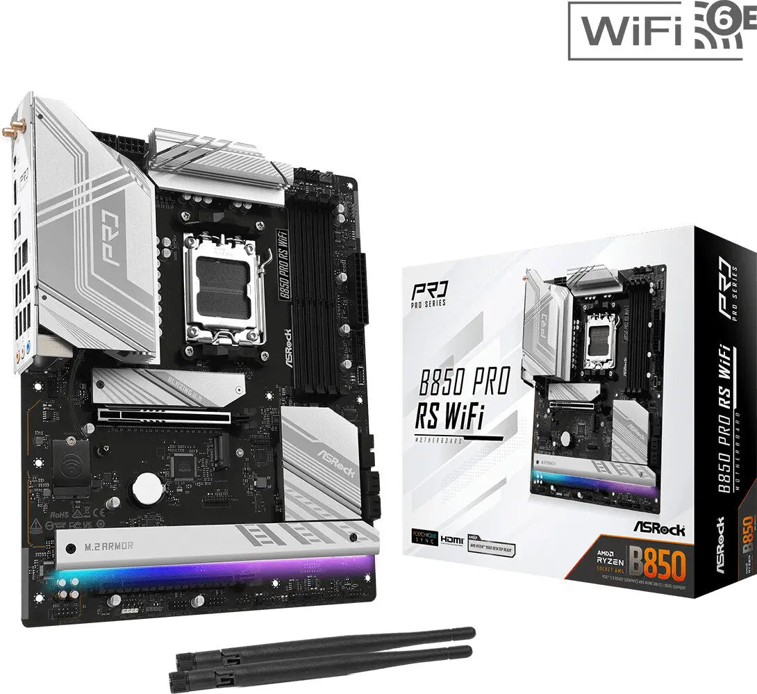 Carte mère ASRock B850 Pro RS WiFi au design noir et argent avec éclairage RGB