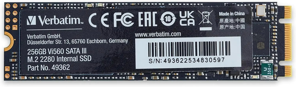 Disque SSD Verbatim Vi560 256Go SATA III M.2 2280 étiquette noire contacts or