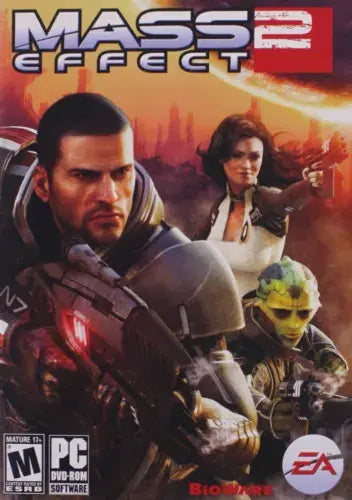 Couverture Mass Effect 2 PC : protagoniste homme en armure grise, arme rouge, alliés, fond sci-fi orange