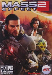 Couverture Mass Effect 2 PC : protagoniste homme en armure grise, arme rouge, alliés, fond sci-fi orange