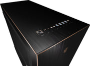 Cohabitation en métal brossé noir du MSI MPG SEKIRA 500G avec bordure dorée et logo MSI