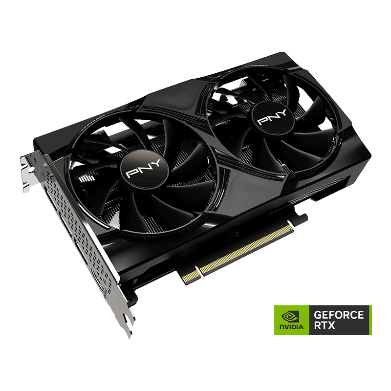 Carte graphique PNY GeForce RTX 5050 Dual Fan 8 Go, vue de trois quarts avec double ventilateur noir