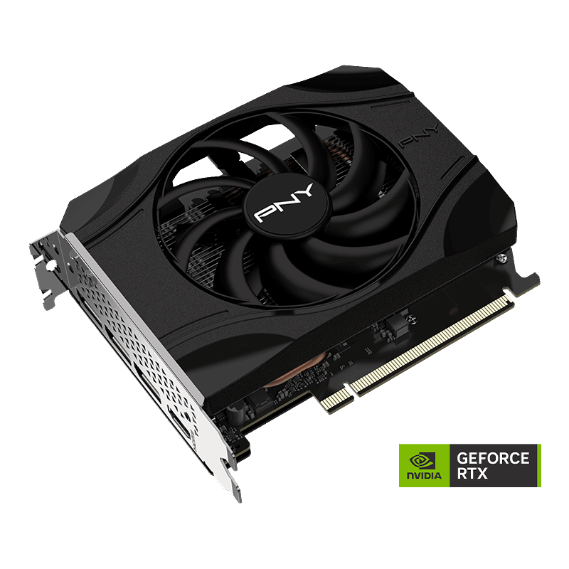 Carte graphique PNY GeForce RTX 5050 Single Fan 8 Go, vue de trois quarts, ventilateur unique noir