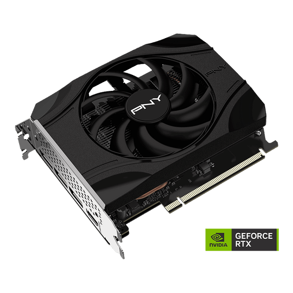 Carte graphique PNY GeForce RTX 5050 Single Fan 8 Go, vue de trois quarts, ventilateur unique noir