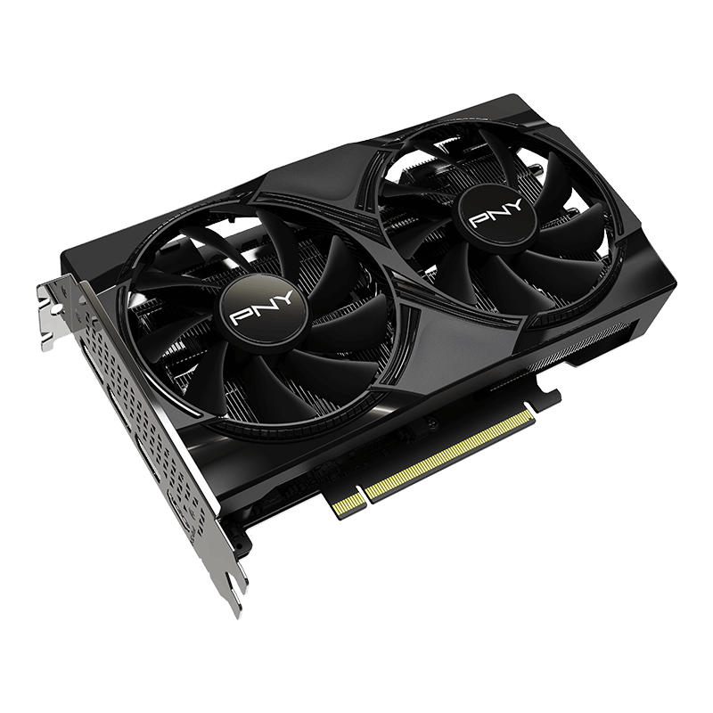 Carte graphique PNY GeForce RTX 5060 Dual Fan OC 8 Go, vue de trois quarts, double ventilateur noir