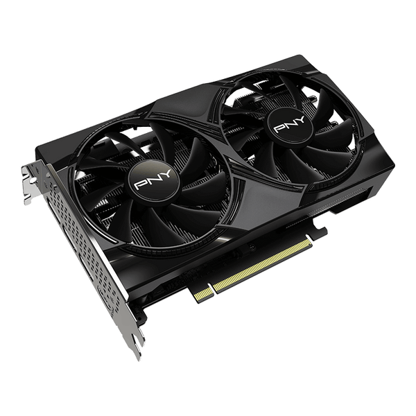 Carte graphique PNY GeForce RTX 5060 Dual Fan 8 Go, vue de trois quarts, double ventilateur noir