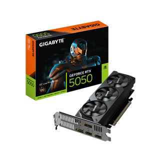 Carte graphique Gigabyte GeForce RTX 5050 OC Low Profile 8 Go, vue de trois quarts, triple ventilateur format low profile