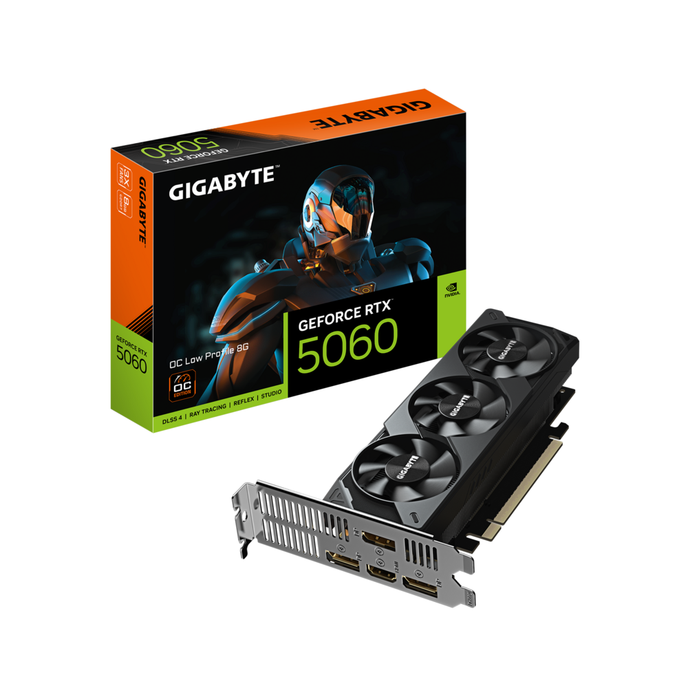 Carte graphique Gigabyte GeForce RTX 5060 OC Low Profile 8 Go, vue de trois quarts, triple ventilateur format low profile