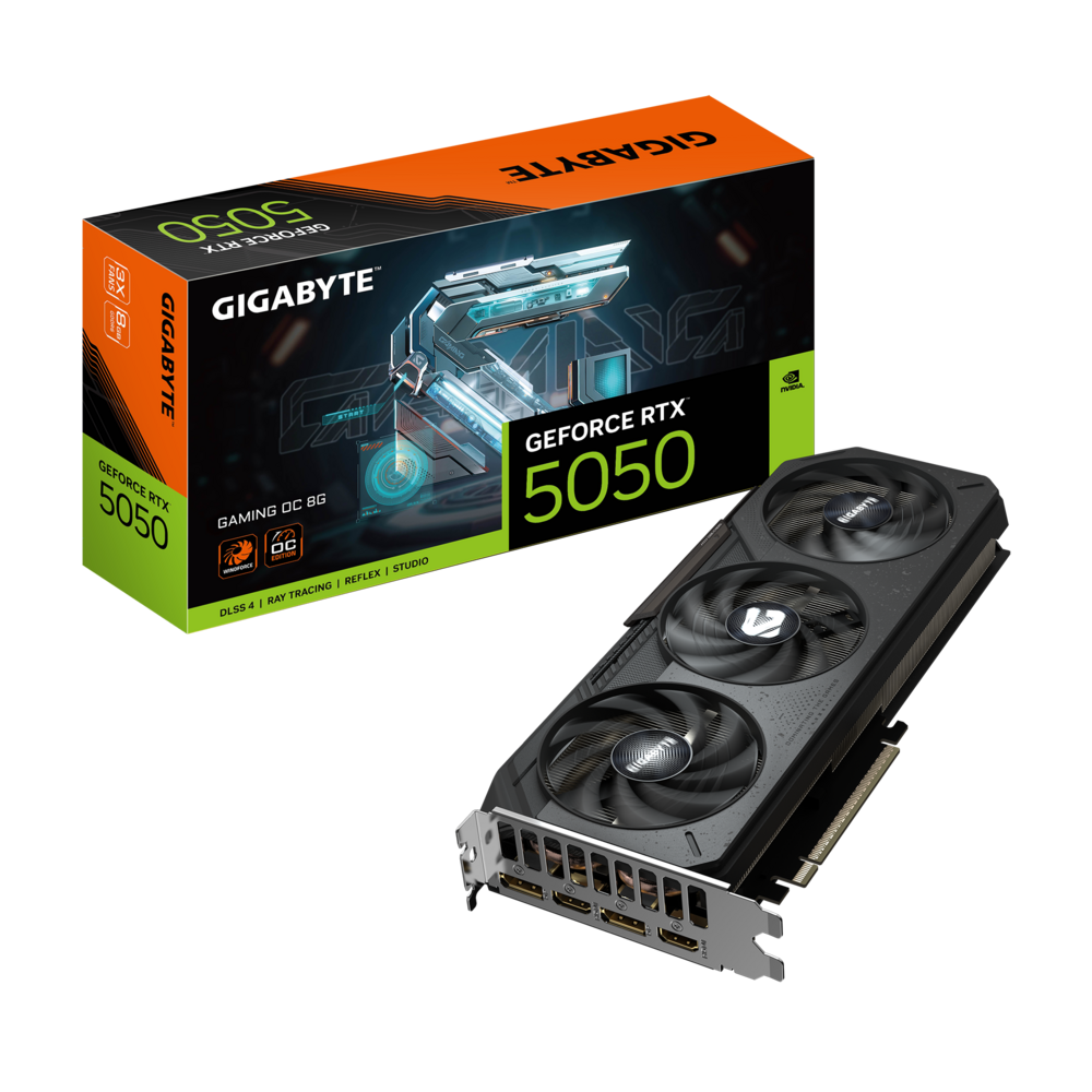 Carte graphique Gigabyte GeForce RTX 5050 Gaming OC 8 Go, vue de trois quarts, triple ventilateur WINDFORCE