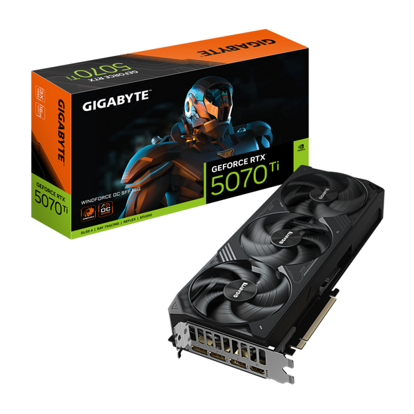 Carte graphique Gigabyte GeForce RTX 5070 Ti Windforce OC SFF 16 Go, vue de trois quarts, triple ventilateur WINDFORCE