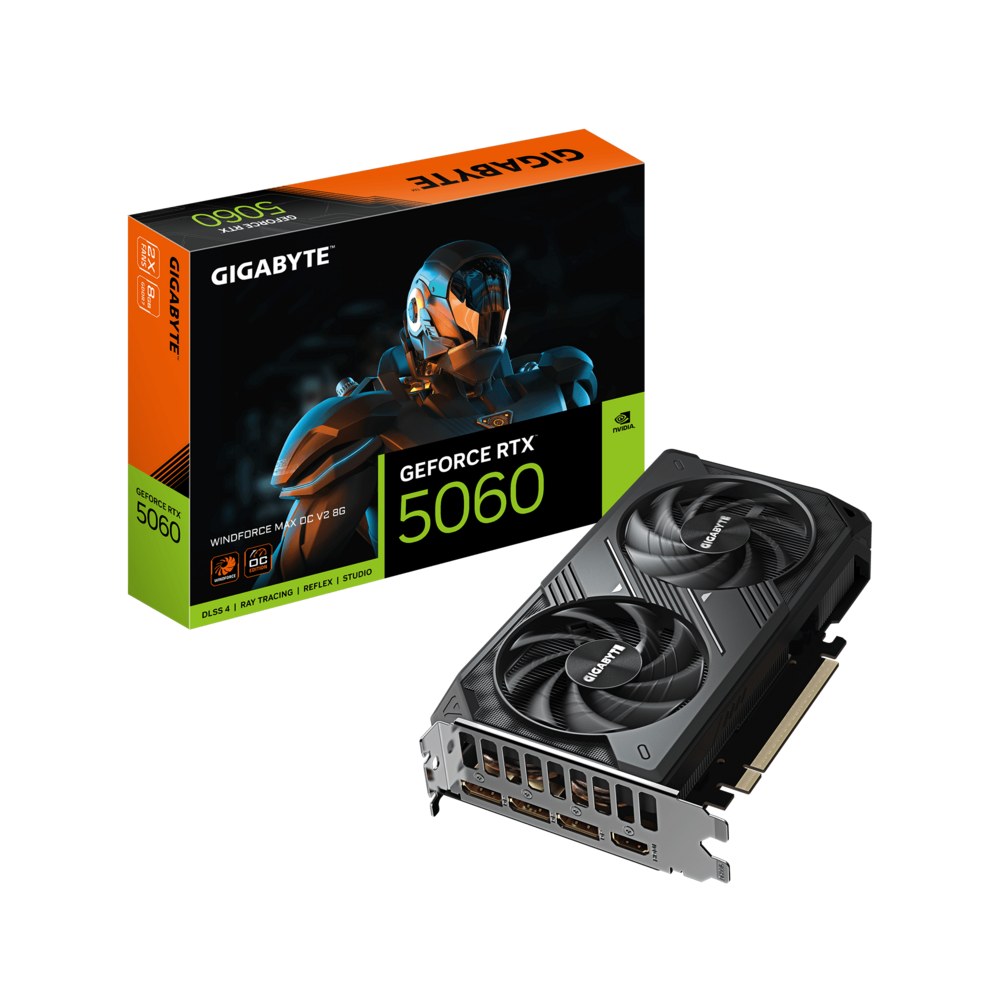 Carte graphique Gigabyte GeForce RTX 5060 Windforce Max OC V2 8 Go, vue de trois quarts, double ventilateur WINDFORCE
