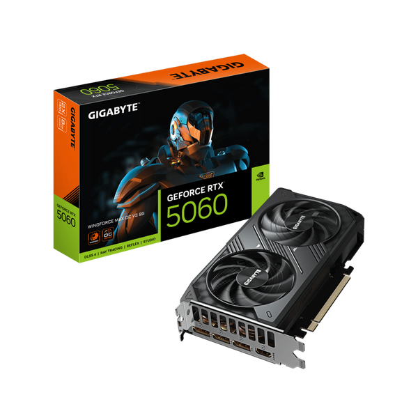 Carte graphique Gigabyte GeForce RTX 5060 Windforce Max OC V2 8 Go, vue de trois quarts, double ventilateur WINDFORCE