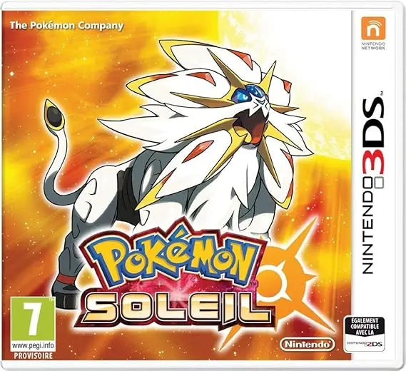 Boîtier Pokémon Soleil Nintendo 3DS avec Solgaleo doré sur fond orange vif