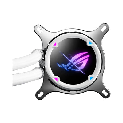 Radiateur circulaire ARGB blanc ASUS ROG Strix LC II 360 avec logo ROG lumineux