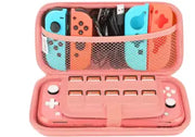 Housse rose Nintendo Switch Lite avec Joy-Con bleu et orange en compartiments maillés