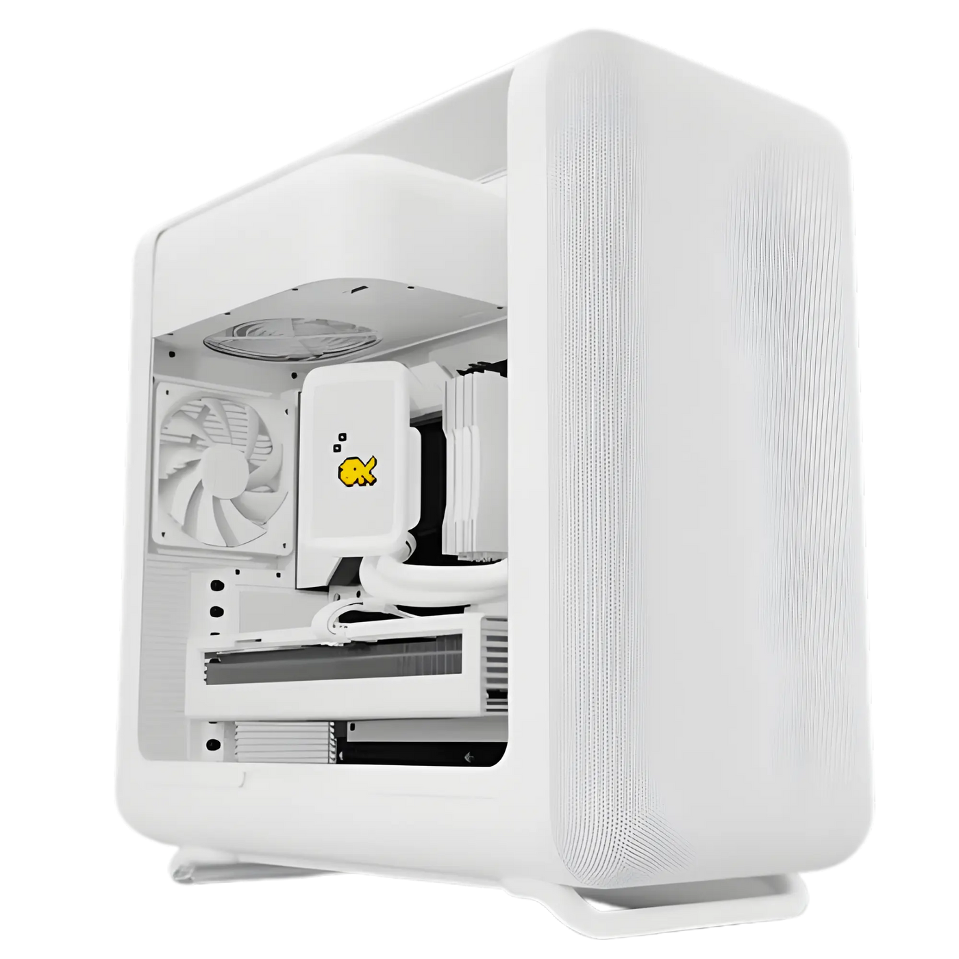 PC Gamer HYTE X50 Blanc avec logo poisson jaune et refroidissement intégré