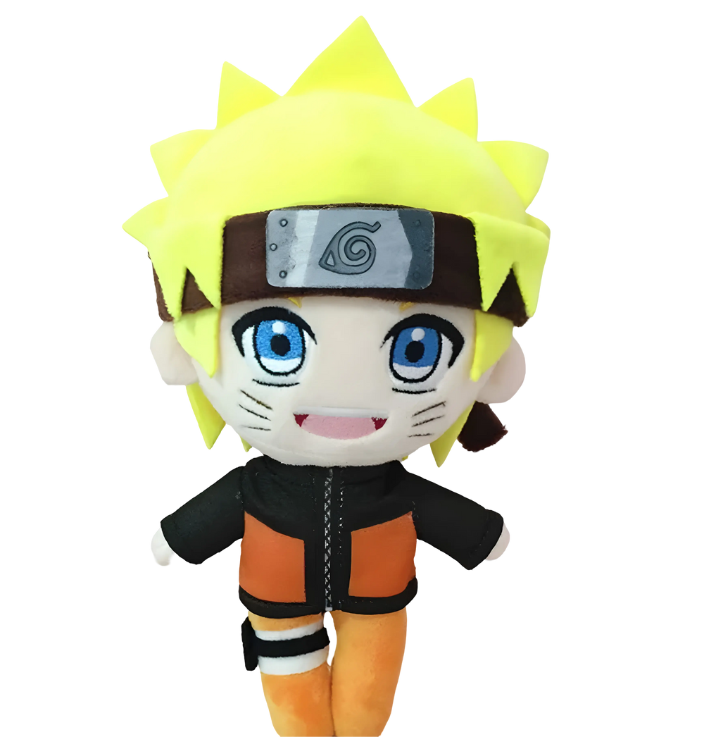 Peluche Naruto 20 cm cheveux jaunes hérissés yeux bleus veste noire orange pantalon orange