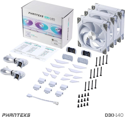 Lot de 3 ventilateurs Phanteks D30-140 RGB blancs 240mm centres argent