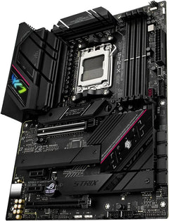 Carte mère noire Asus ROG Strix B650E-F Gaming WiFi avec socket CPU argenté et éclairage RGB