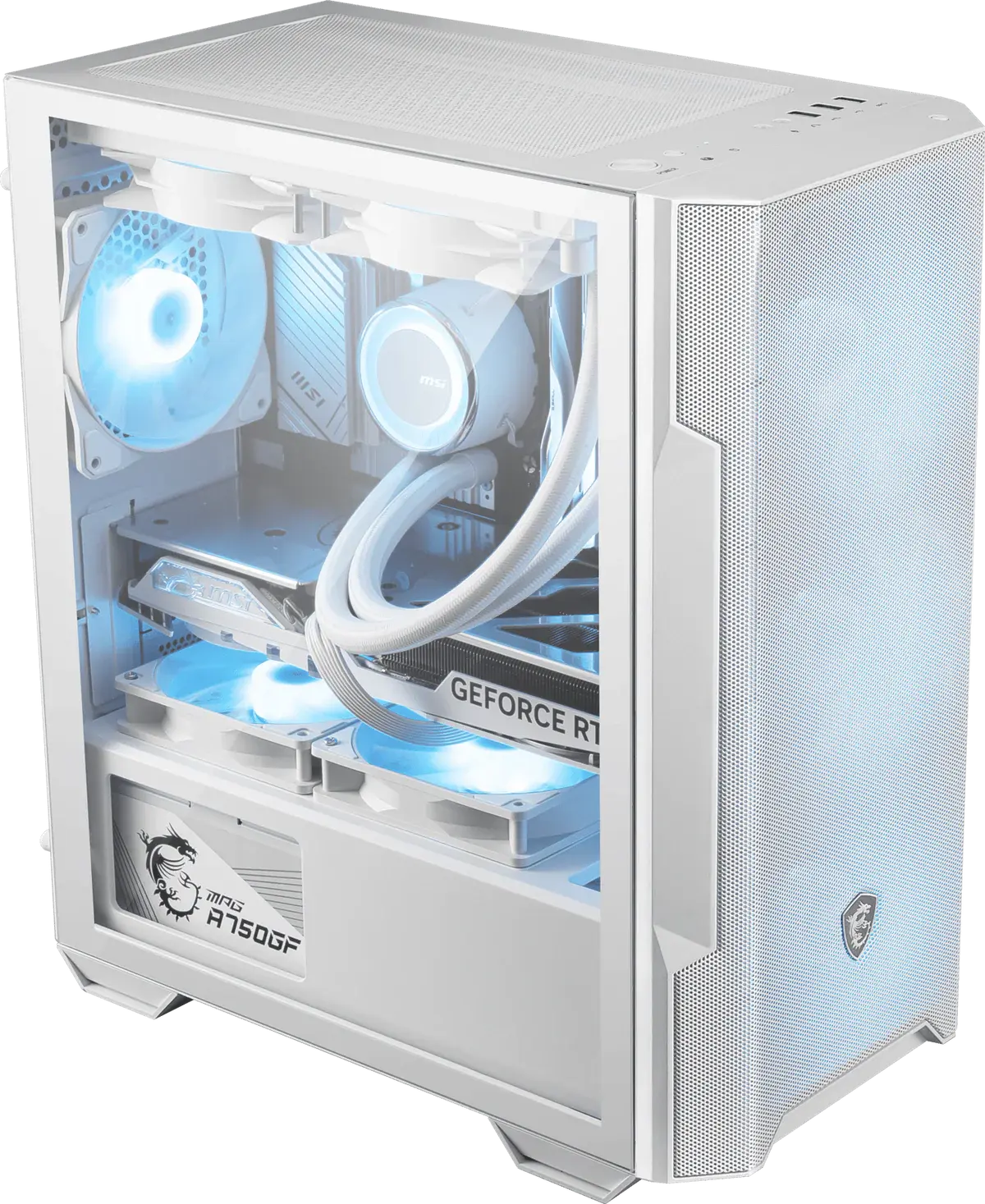 PC gamer MSI MAG Forge M100R blanc avec panneau transparent et LED bleues