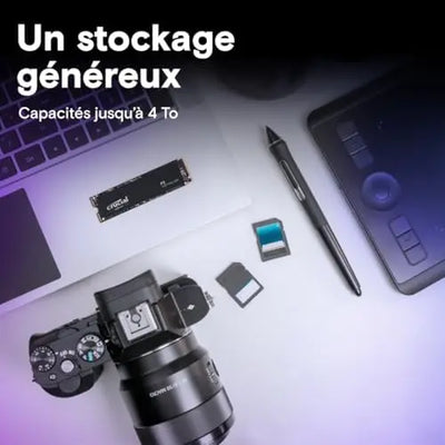 Caméra reflex noire DSLR avec gros objectif et molettes, Crucial P3 2To SSD PCIe Gen3 NVMe 3500 Mo/s