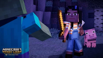 Personnage Minecraft en chemise rayée et salopette bleue tenant une hache à lames dorées, Minecraft: Story Mode PS4