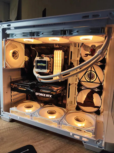 Grille ventilateur 120mm/140mm Harry Potter Edwige, PC custom blanc/noir watercoolé illuminé