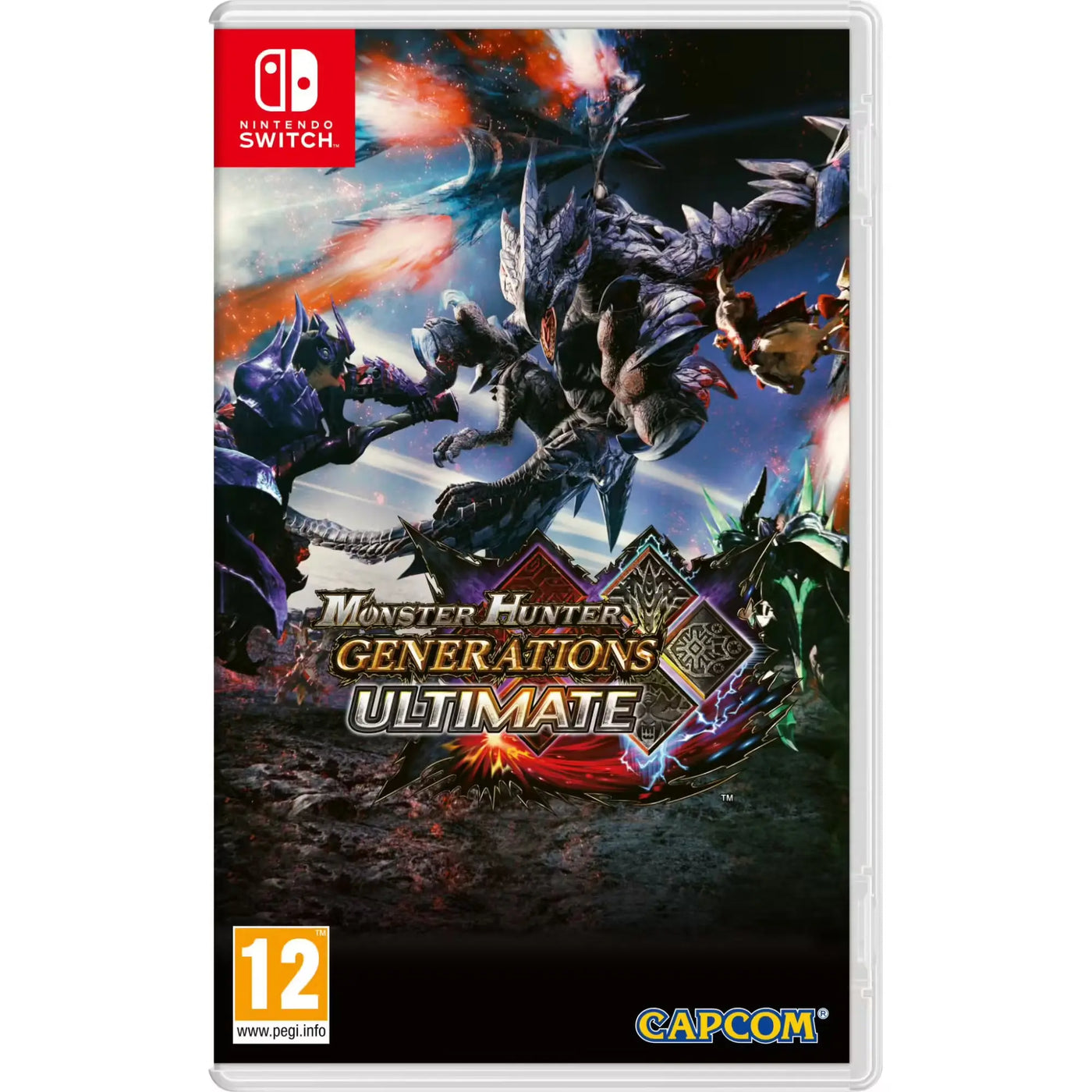 Coffret Monster Hunter Generations Ultimate Nintendo Switch, chasseurs en armure contre monstres sous ciel en feu