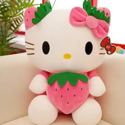 Peluche Hello Kitty Déguisée en Fraise Rose – Coton Doux – 23 cm