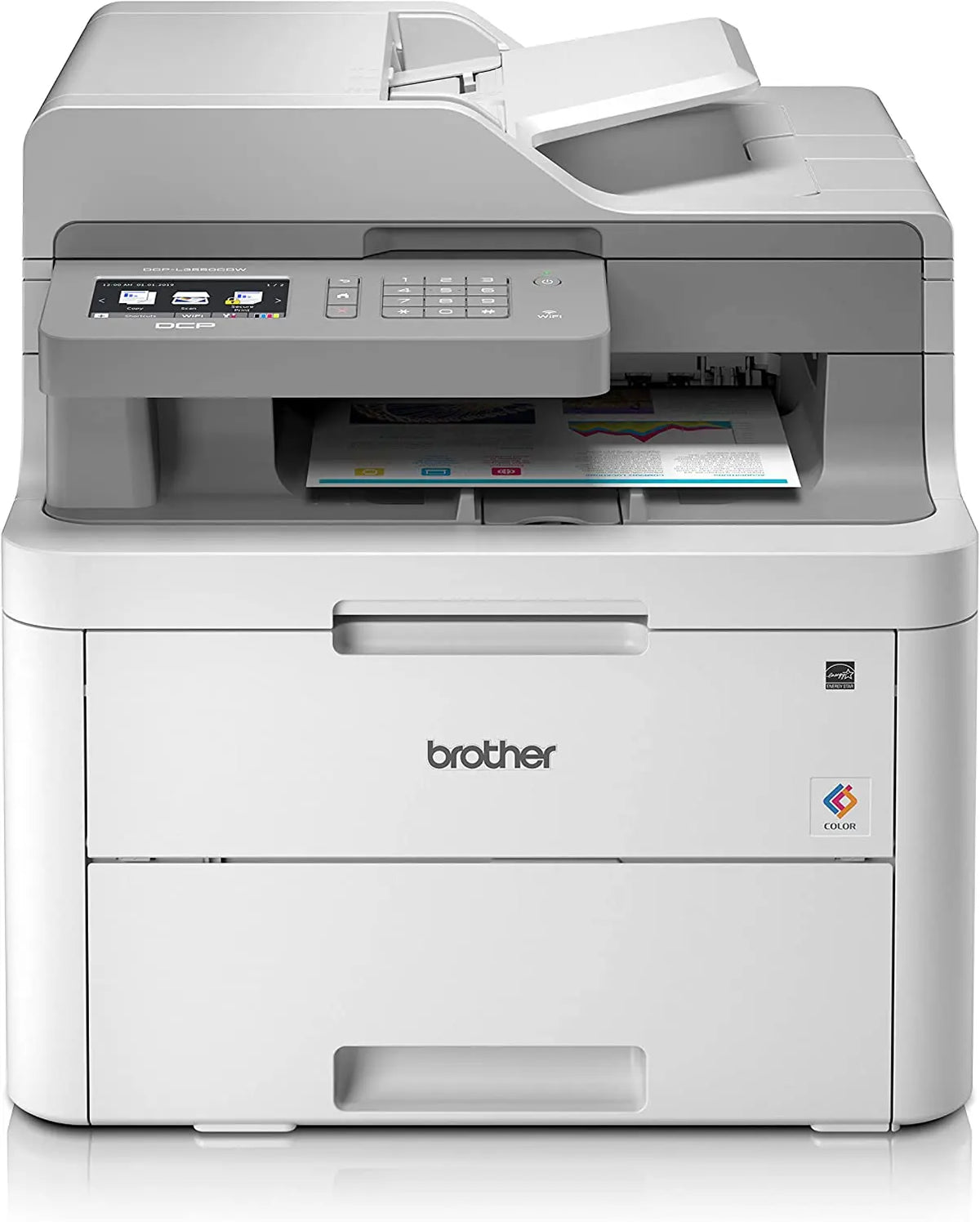 Imprimante laser couleur multifonction Brother blanche moderne avec écran numérique