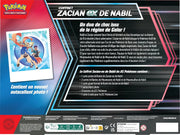 Coffret Pokémon JCC Zacian-ex de Nabil, Écarlate & Violet : Aventures, design bleu rouge dynamique