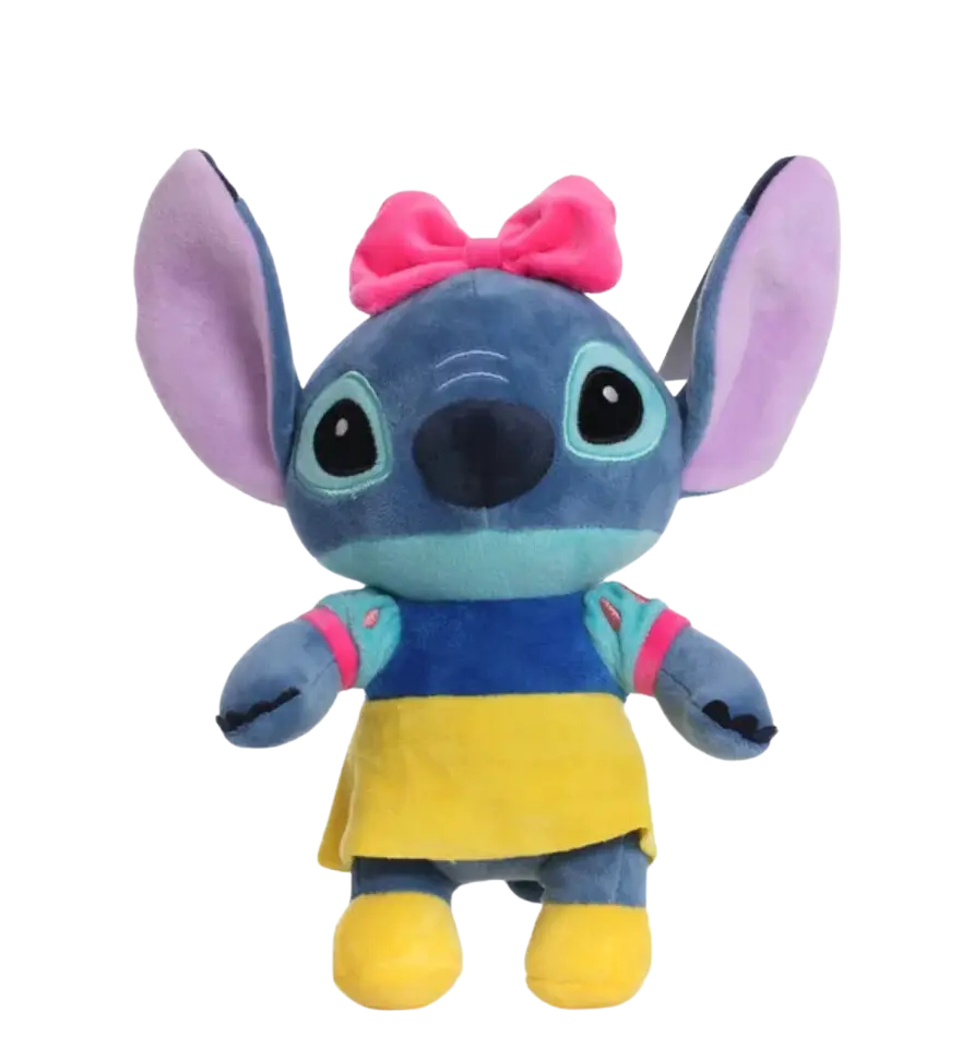 Peluche Stitch cosplay Blanche-Neige avec nœud rose et tenue bleu-jaune