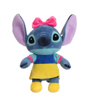Peluche Stitch cosplay Blanche-Neige avec nœud rose et tenue bleu-jaune