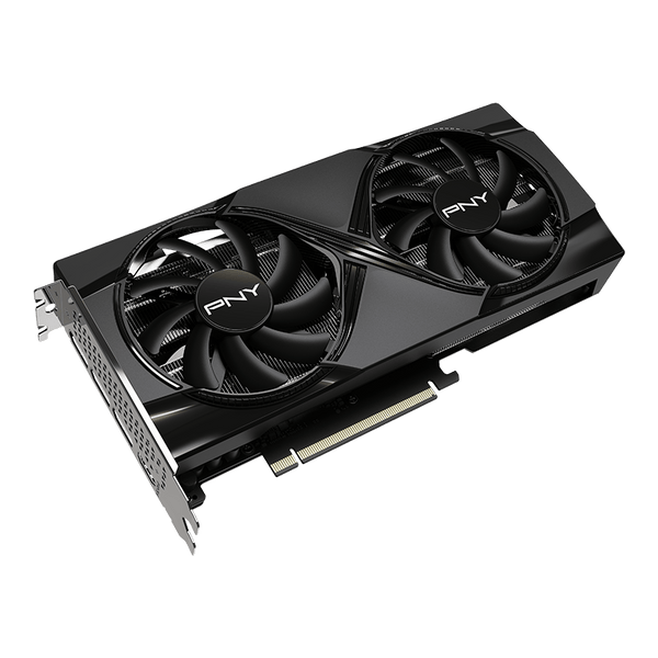 Carte graphique PNY GeForce RTX 5060 Ti Dual Fan OC 16 Go, vue de trois quarts avec double ventilateur noir