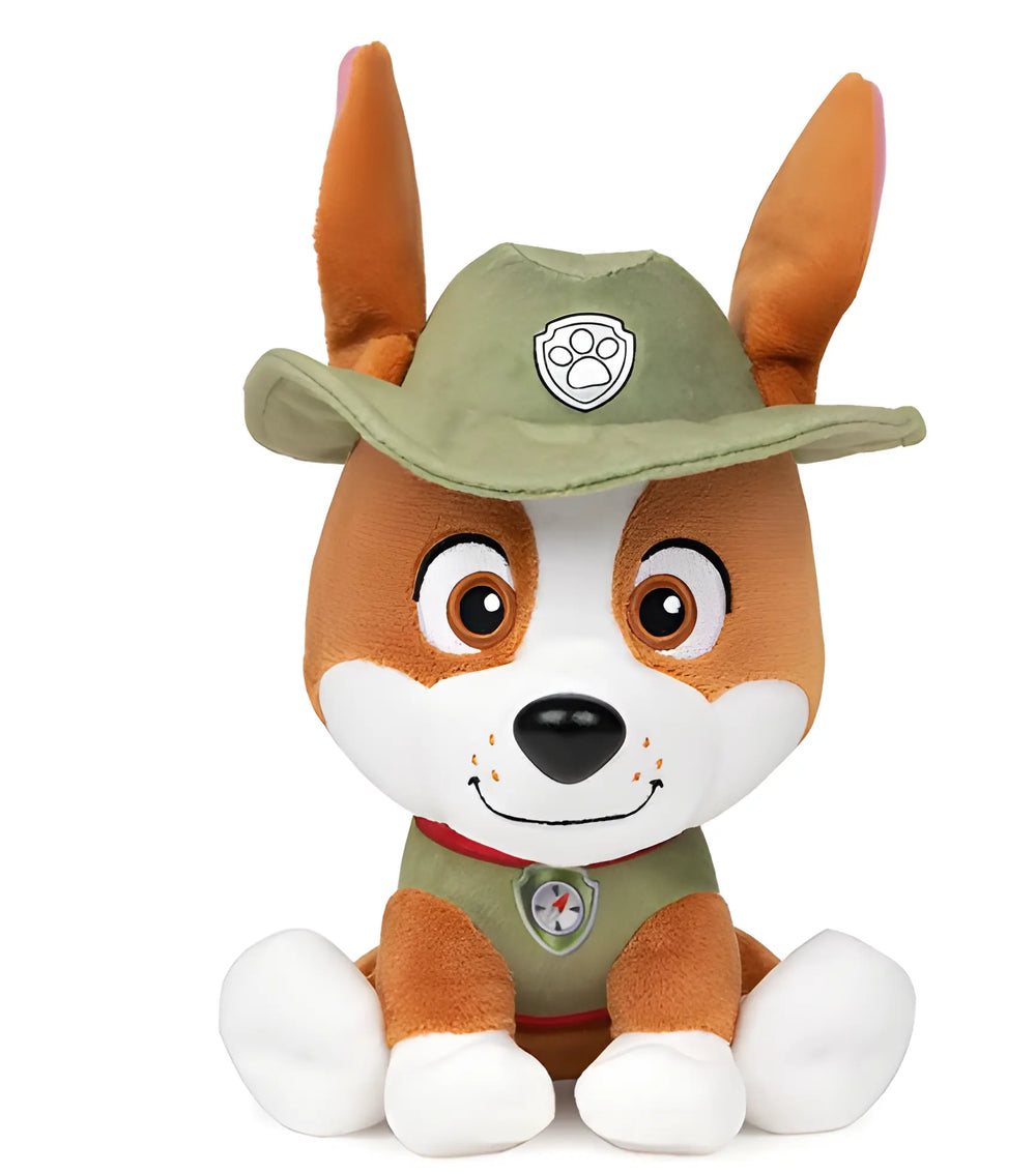 Peluche Tracker Paw Patrol, chiot brun et blanc avec chapeau ranger, 15 cm