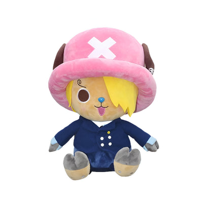 Peluche One Piece Chopper cosplay Sanji 25cm rose avec chapeau x et manteau bleu marine