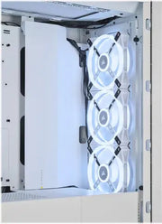Trois ventilateurs Corsair ARGB blancs avec accents noirs montés verticalement dans le boîtier iCUE 5000X RGB QL Edition Blanc
