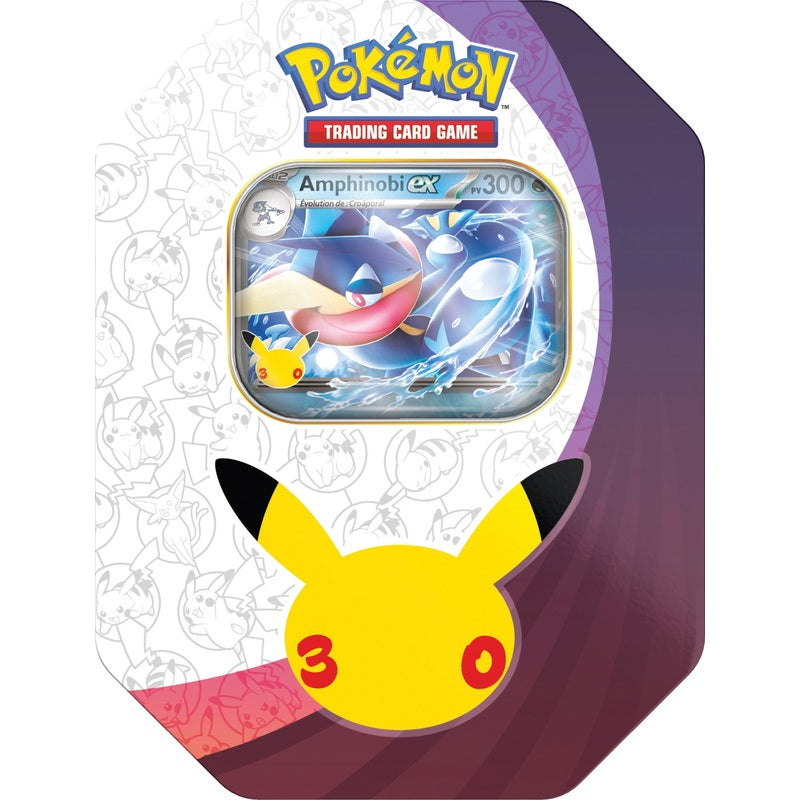Pokébox 30e Anniversaire Amphinobi-ex, boîte métallique Pokémon JCC violet et noir avec Pikachu 30