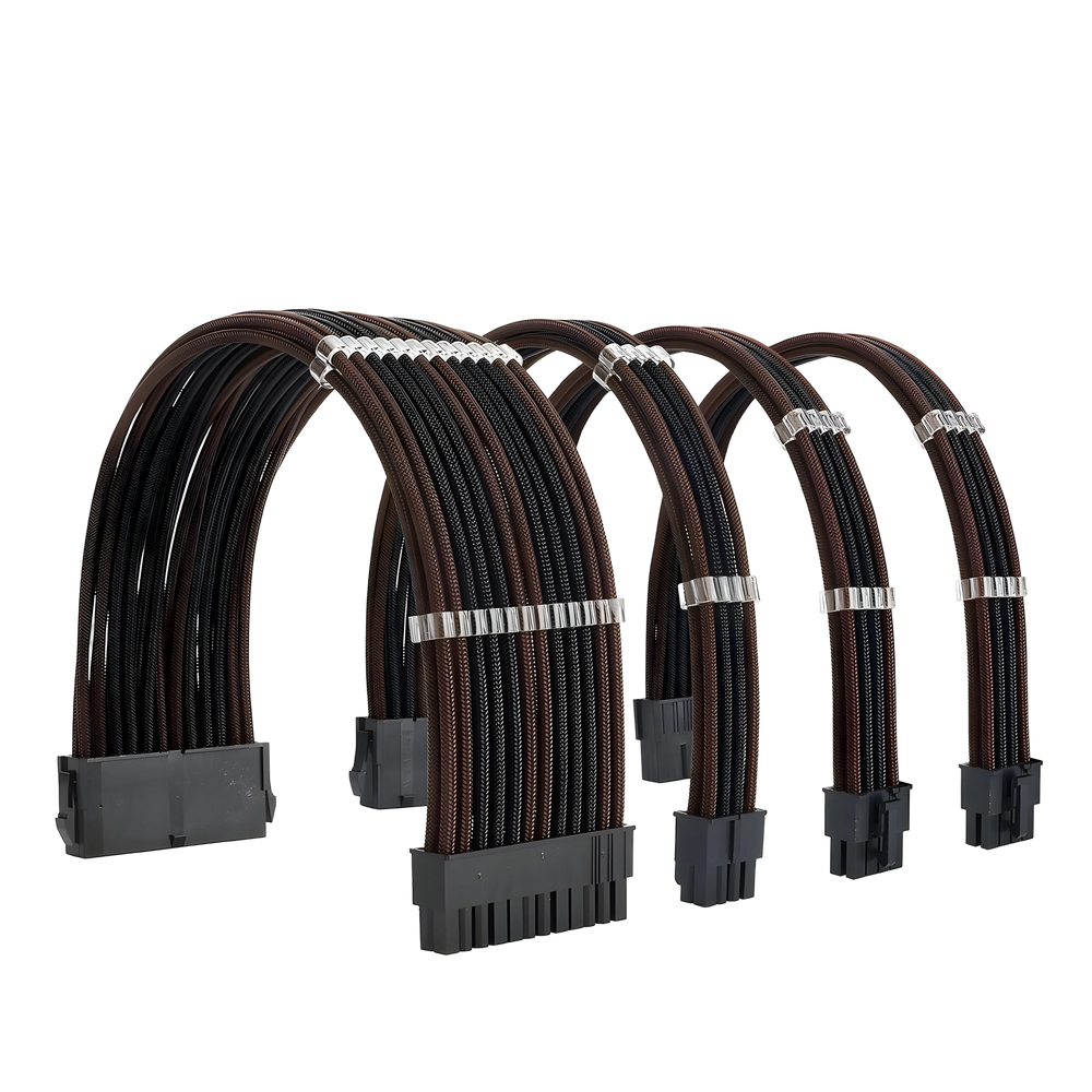Câbles rallonges mix marron-noir ATX/EPS/PCI-E tressés avec connecteurs argentés