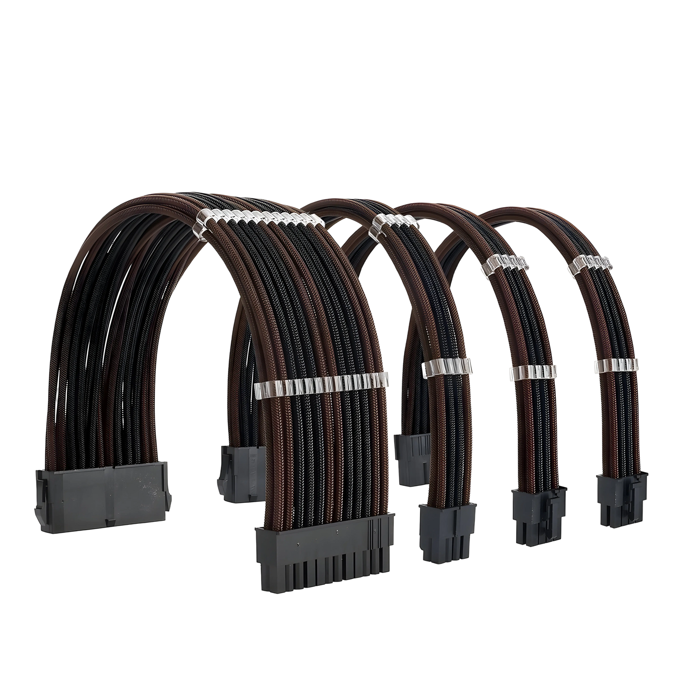 Câbles rallonges mix marron-noir ATX/EPS/PCI-E tressés avec connecteurs argentés