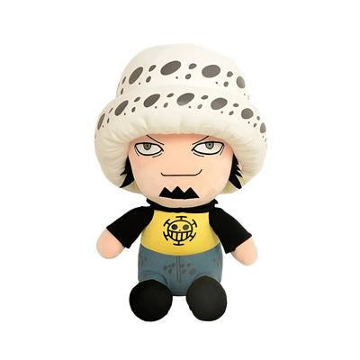 Peluche One Piece Law 25 cm avec chapeau blanc à pois, chemise jaune crâne et salopette bleue